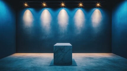 Poster - Minimalist Marble Sculpture Displayed in Modern Gallery with Soft Blue Lighting