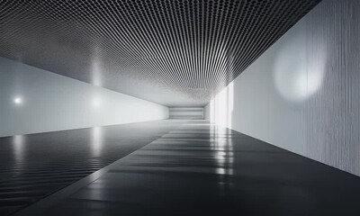 Poster - Modern gallery corridor, sunlight, reflective floor, exhibition
