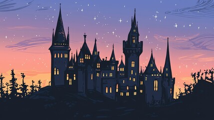 Poster - Enchanted Castle Silhouette Against Twilight Sky with Stars