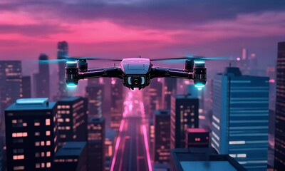 Aufkleber - Drone flying city sunset aerial photography