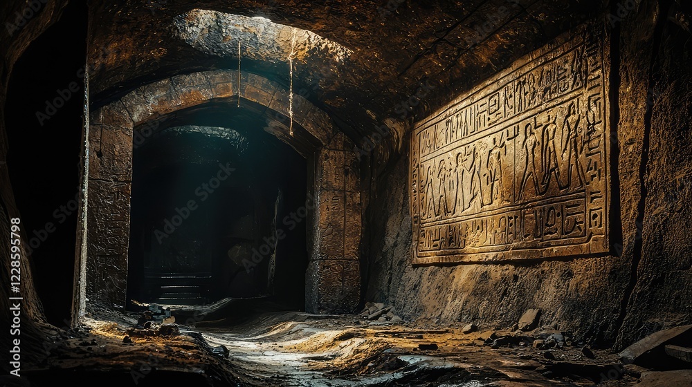 Ancient Cave with Hieroglyphs and Mysterious Lighting Effects Stock ...