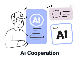 Poster - AI cooperation concept with person interacting with AI elements featuring speech bubble and digital interface in minimalist hand drawn style