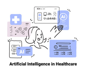 Poster - ai in healthcare concept illustration features a person interacting with digital health interfaces i
