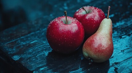 Wall Mural - Red apples, pear, wet table, rain, food photography