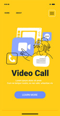 Poster - video call concept with person using digital communication tools on yellow background minimalist han
