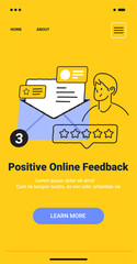 Poster - positive online feedback concept with envelope star rating and person in minimalist doodle style on 