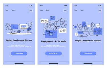 Poster - project development process social media engagement scene. people with laptops and megaphone in mini