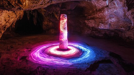Wall Mural - Illuminated stone pillar in cave with swirling light trails.