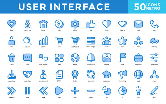 User Interface icons set with love, money bag, home, coin, setting, like, heart, hearts, mail, call icon. Simple retro vector 
