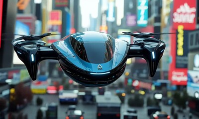 Poster - Futuristic drone taxi flies over city traffic