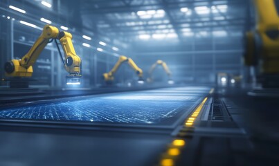 Leinwandbilder - High-tech workspace featuring multiple robotic arms for automation and innovation in a modern environment.