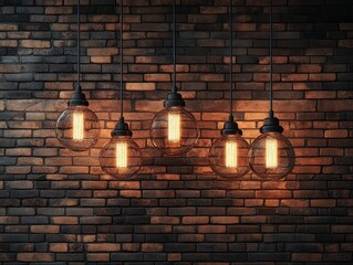 Poster - Rustic Brick Wall with Pendant Lights Cozy Atmosphere Industrial Style Wide Angle Perspective