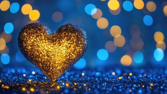 A golden heart of stars shines against a luminous blue bokeh background, evoking warmth and love.
