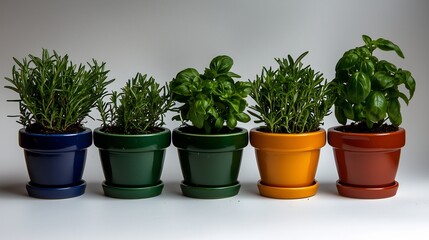 Vibrant Herb Garden: Rosemary and Basil in Colorful Pots