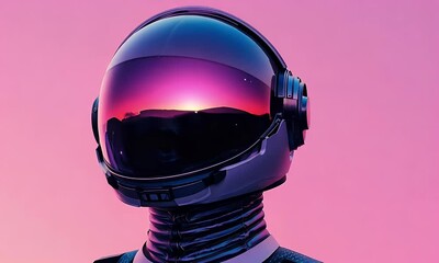 Poster - Astronaut helmet reflecting sunset, pink backdrop, space exploration concept
