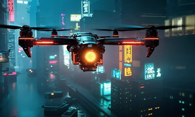 Fototapete - Drone flight, cyberpunk city, night, delivery, futuristic
