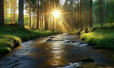 Poster - Sunlit forest stream, tranquil nature scene, sunrise