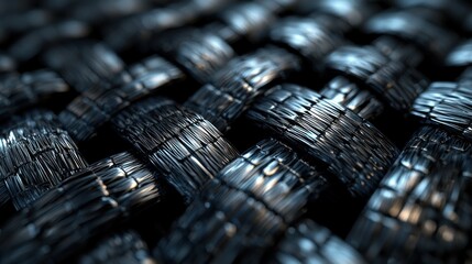 Woven metallic fabric close-up, dark background, industrial/fashion use