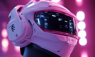 Fototapete - Futuristic helmet, neon lights, studio, tech display