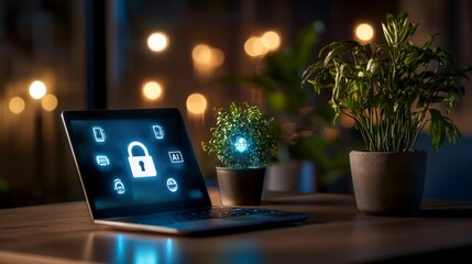 Poster - Secure Technology Concept with Laptop, AI, and Lock Symbol at Night in Modern Office Environment with Indoor Plants