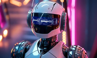 Fototapete - Futuristic robot displays data, neon city backdrop