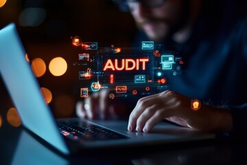 Poster - Focused Professional Conducting Digital Audit on Laptop with High-Tech Graphics and Data Visualizations