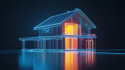 Poster - Architectural blueprint of a house depicted with blue wireframe and orange windows glow