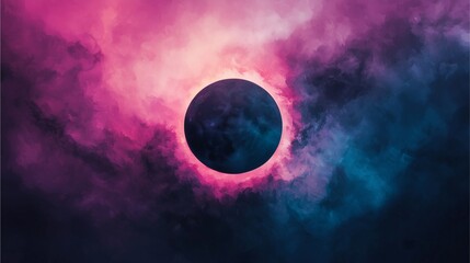 A celestial scene featuring a dark orb surrounded by vibrant pink and blue clouds, creating a mystical atmosphere.