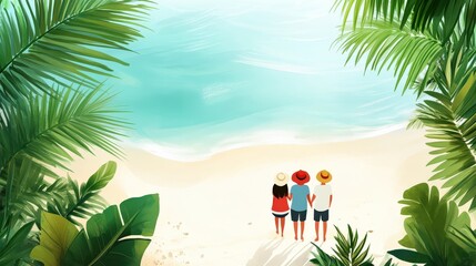 Sticker - Three people standing on a beach, gazing at the ocean, surrounded by lush tropical foliage