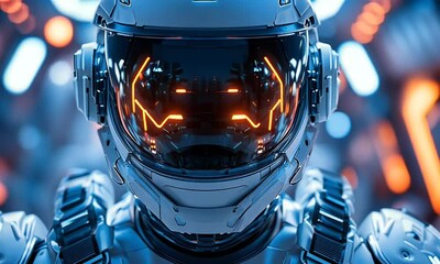 Poster - Astronaut helmet, futuristic lab, glow, research, space