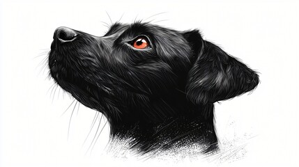 Wall Mural - Black Dog Looking Upwards in Artistic Drawing Style with White Background Head Portrait.