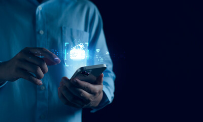 online payment concept, businessman using smartphone for digital wallet, transaction on mobile banki