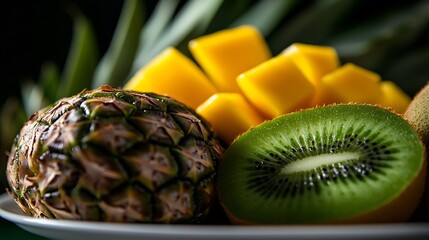 Wall Mural - Tropical Fruit Delight: A Close-Up of Pineapple, Mango, and Kiwi