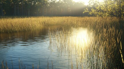 Wall Mural - Glowing Sunrise Over Marsh with Reed Grass and Calm Water