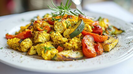 A vibrant and colorful dish featuring roasted vegetables and spices. Perfect for showcasing healthy eating and culinary creativity.