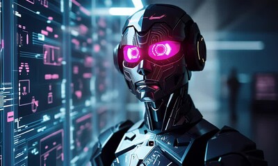 Fototapete - Futuristic Robot Analyzing Data in Tech Lab