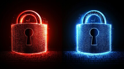 Poster - Glowing Cybersecurity Shield with Digital Data Lock in Red and Blue