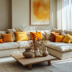 Wall Mural -  Minimalist home interior design of modern living room with a yellow sofa adorned with colorful cushions, wooden coffee table and minimalistic decor, bathed in natural light. 