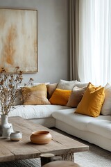 Wall Mural -  Minimalist home interior design of modern living room with a yellow sofa adorned with colorful cushions, wooden coffee table and minimalistic decor, bathed in natural light. 