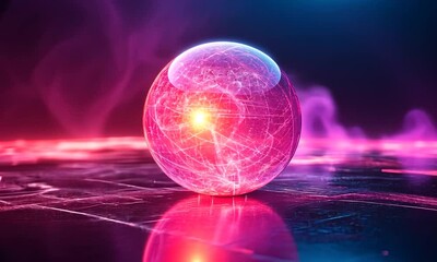 Wall Mural - A glowing, futuristic orb with intricate network patterns on a reflective surface, surrounded by vibrant neon fog
