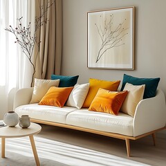 Wall Mural -  Minimalist home interior design of modern living room with a yellow sofa adorned with colorful cushions, wooden coffee table and minimalistic decor, bathed in natural light. 