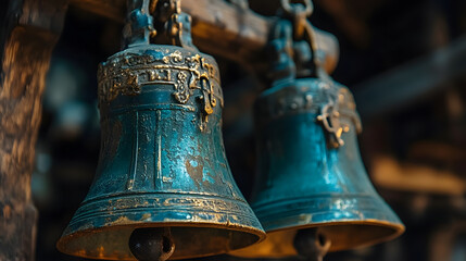 Two antique bells with intricate designs, hanging close together, showcasing a beautiful patina and historical craftsmanship