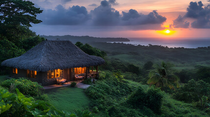 Poster - A cozy, thatched-roof villa on a hillside with lush greenery and a stunning sunset over the ocean in the background