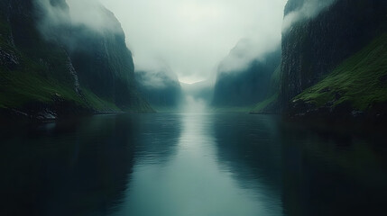 Poster - Misty mountains surround a serene river, creating a tranquil and atmospheric landscape with reflections in the water