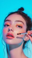 Wall Mural - make up artist applying makeup to brunette woman solid bright blue background coral orange lipstick eyeshadow