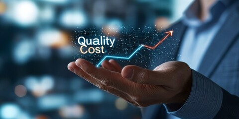 Poster - Hand Holding Graphical Representation of Quality and Cost Relationship with Upward Trend in Business Context