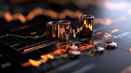 Poster - Financial Chart with Candlestick Patterns and Metallic Cylinders on Dark Background