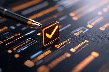 Poster - Modern Digital Checkbox with Pen on Futuristic Interface of Symbols and Data Streams Representing Technology and Approvals