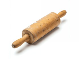 An old fashioned rolling pin, isolated on white background, dusty and rustic appearance