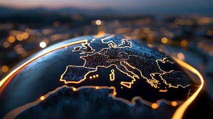 Poster - Detailed close-up view of illuminated map of Europe against a blurred city background at dusk with glowing lines
